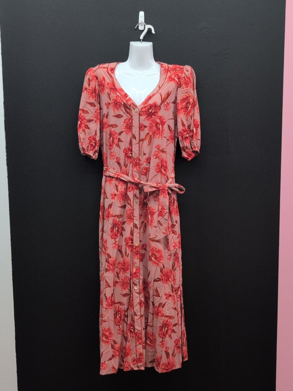 G by Giuliana Woven Embroidered Puff Sleeve Midi Dress Large Pink Floral
